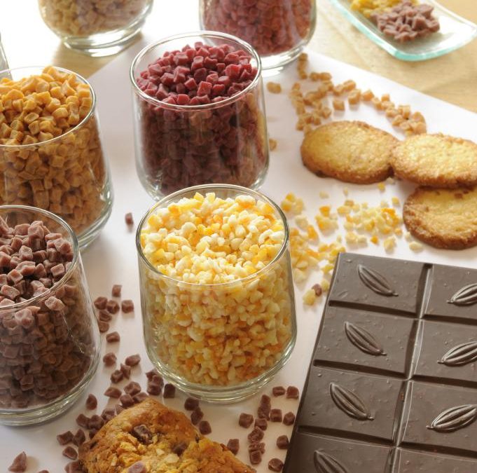 applications avec des pépites de fruits : dans les tablettes de chocolat, biscuits, cakes ou en décoration